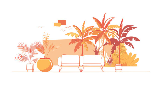 a colorful illustration of a beach scene with palm trees and a lounge chair Vector