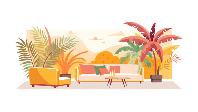 a colorful outdoor patio with furniture and plants Vector