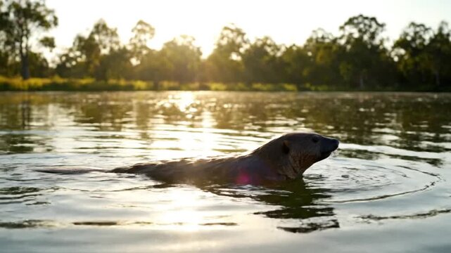 Dugong swims in shallow water sunset.