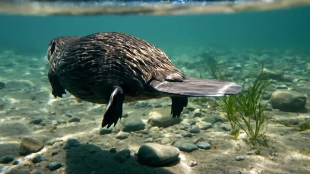 Echidna swims underwater sea floor.