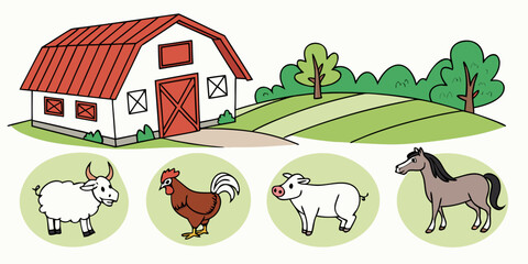 a farm scene with a barn and icons of farm animals Vector ©  MST RABEYA  BEGUM