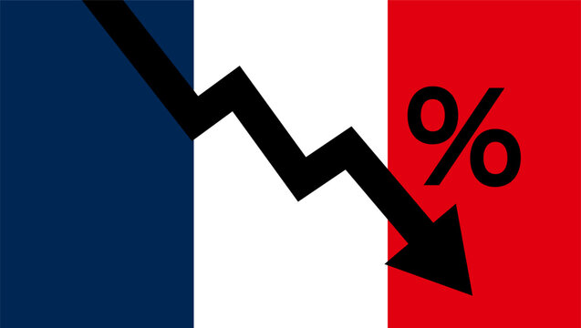 Decrease arrow business financial with France flag background. Economy crisis recession concept.	
