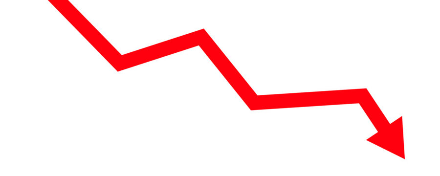 Red decrease arrow business financial on white background. Economy crisis recession concept.	
