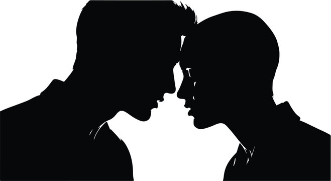 Intimate silhouette of two people sharing a tender moment, foreheads touching in connection.