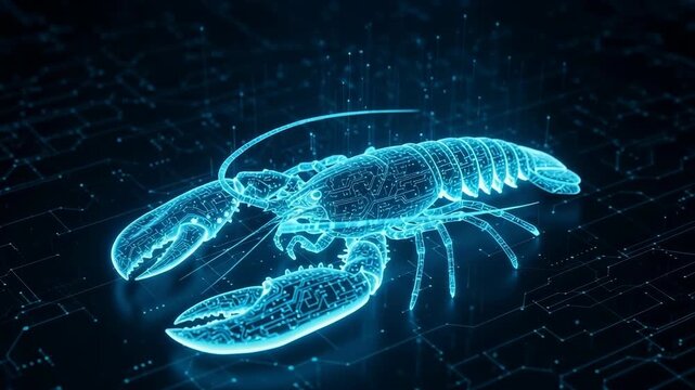 Glowing Digital Lobster With Circuit Board Patterns Illuminates Against Dark Background Of Connected Lines Used For Futuristic Tech Science Illustrations