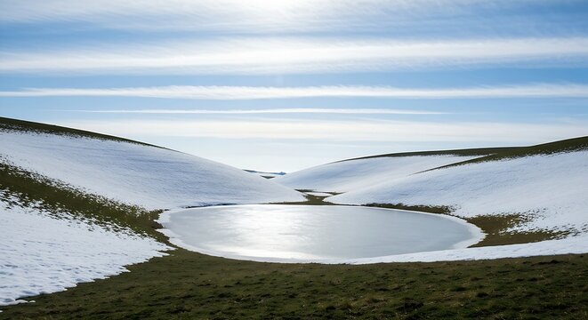 rolling hills covered in a melting blanket of white snow, revealing patches of dark green grass. A peacefTL valley with a frozen pond reflecting a bright, cold, winter-blue sky with thin cirrus clouds