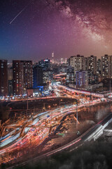 Composite photo of Beijing city skyline at night with a stunning starry sky © 文普 王
