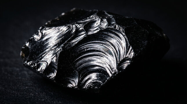 Obsidian volcanic glass specimen macro shot on a black background