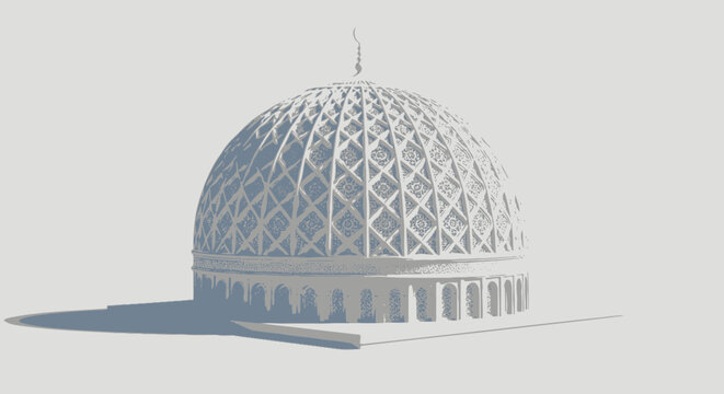 Ornate dome of Sultan Qaboos Grand Mosque in Muscat Oman exhibiting Islamic architectural design in grayscale against neutral backdrop