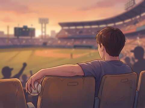 Back view of a baseball fan sitting in stadium seats, holding a ball and watching the game at sunset. Nostalgic lifestyle concept.