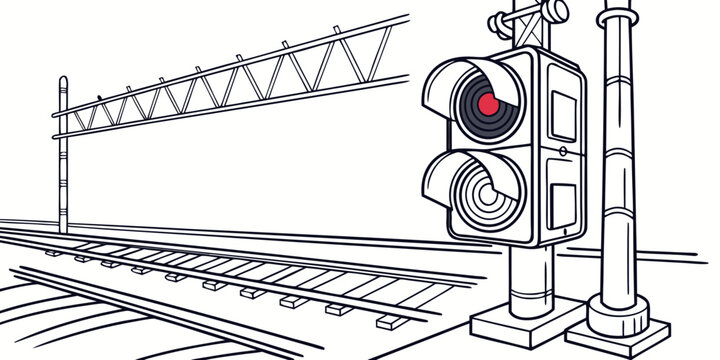 a traffic light on a pole next to train tracks Vector
