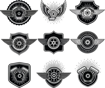 Set of vintage motorcycle and automotive emblems with wings and wheels.