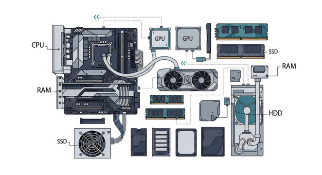 Computer Components Laid Out For Assembly.