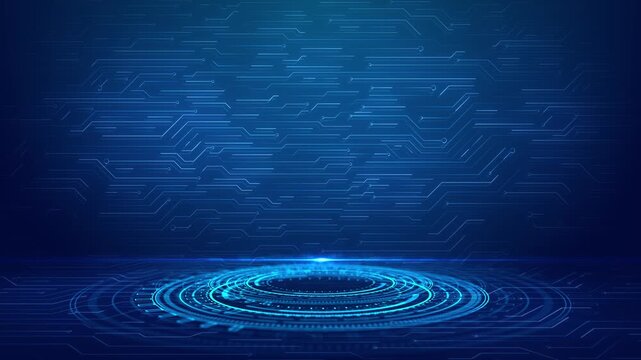 Abstract futuristic cyber circle futuristic HUD elements with Ai chatbot, sci-fi particle tunnel, technology glowing surface, neon night scene, 4K digital science animation, virtual reality concept.
