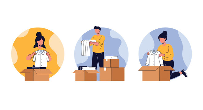 Scenes of people organizing and packing their clothes into cardboard boxes for moving to a new home or for charitable donation.