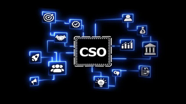 Digital cso concept with glowing network connectivity.Dynamic motion graphic featuring central microchip processor with connected business icons against dark background field.