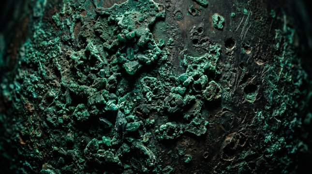 Macro view of oxidized green copper patina on dark metal surface