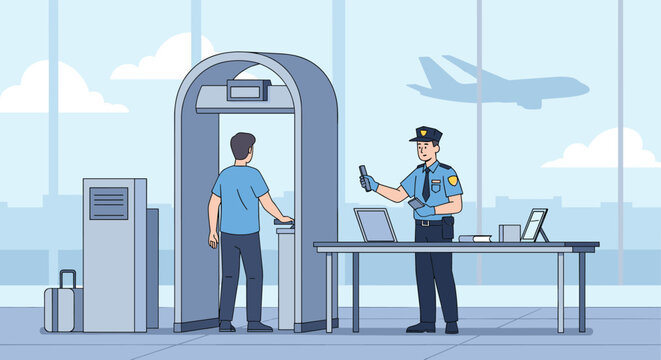 Security officer checks travel documents at an airport checkpoint while a passenger passes through a metal detector gate.