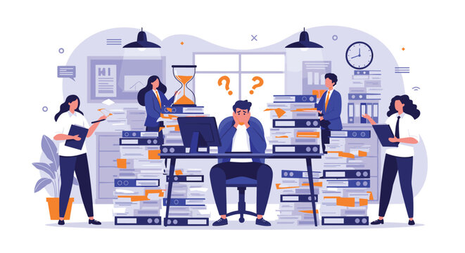 Overworked office employee sitting at a desk with massive piles of paperwork and colleagues bringing more tasks during a busy day.