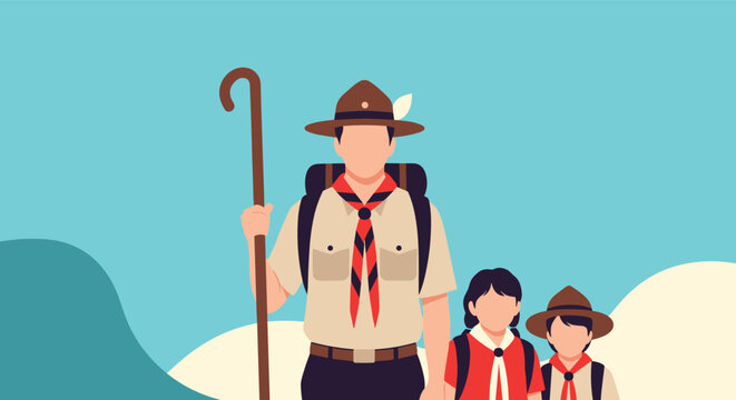 Scout leader in uniform holding a walking stick leading two young scouts on a hiking trip against a blue sky and mountain background.
