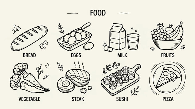Food icons including bread eggs milk fruits vegetable steak sushi pizza