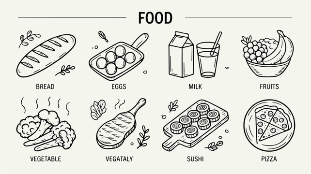 Food icons set with bread eggs milk fruits vegetable meat sushi and pizza