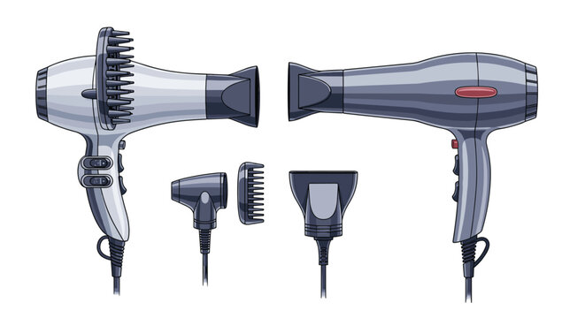 Collection of professional hair dryers and various nozzle attachments used for hair styling and drying in a salon or at home.