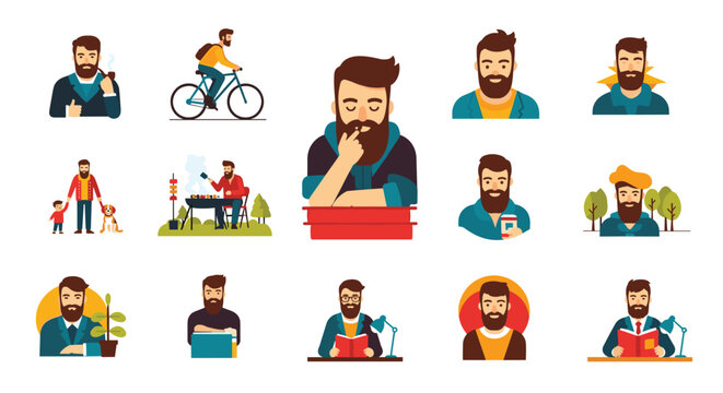 Collection of character icons showing a bearded man in different activities like cycling, reading, cooking, and being with family.