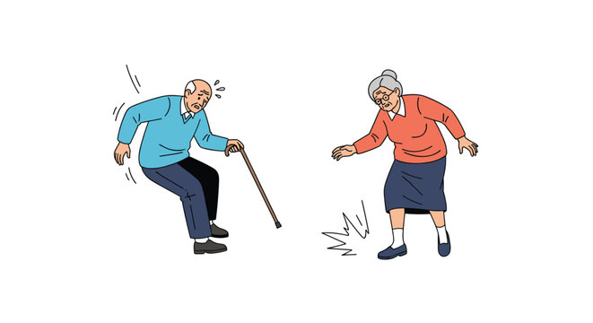 Elderly couple experiencing a fall or stumble while walking with one man using a wooden cane for support against white background.