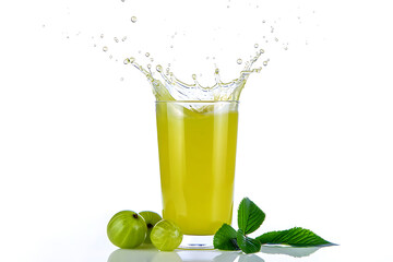 Fototapeta premium Amla juice splashing from a glass with amla berries and mint leaves drink