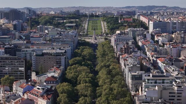 Aerial view of the tree-lined Avenida da Liberdade stretching towards Eduardo VII Park with urban buildings under a clear sky in Lisboa, Lisboa, Portugal.