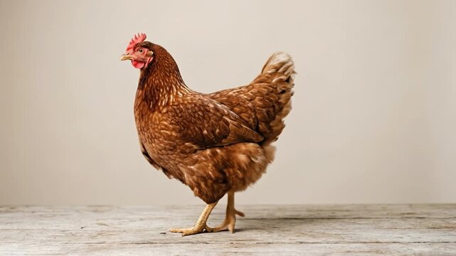 Brown chicken standing on wooden floor against plain beige background with calm rustic farm look, poultry bird domestic farm feather beak chicken standing looking down in studio on rustic wooden floor