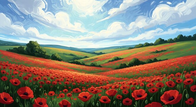 rolling green hills covered in a blanket of red poppies. Soft, dappled sunlight hits the peacefTL valley, with a bright sky rendered in thick, expressive brushstrokes and dabs of white clouds.