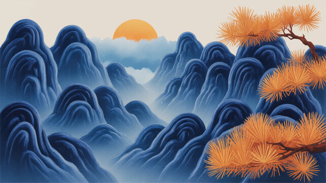 orange pine tree on blue mountains with misty valley and sunset