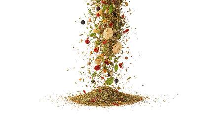 Aromatic dried spices falling in motion, colorful herbal seasoning blend with peppercorns and garlic, culinary ingredients for cooking and flavoring isolated PNG with Transparent Background © Ramzano