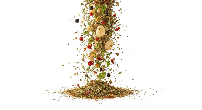 Aromatic dried spices falling in motion, colorful herbal seasoning blend with peppercorns and garlic, culinary ingredients for cooking and flavoring isolated PNG with Transparent Background