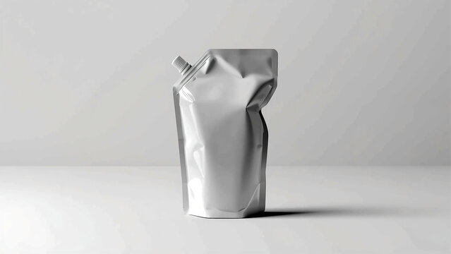 Blank silver pouch with a spout, isolated on a plain white background with subtle studio lighting