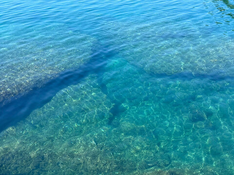 Sea blue clear calm water with underwater rocks covered with algae.