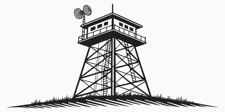 a tall metal fire lookout tower with a small platform and antenna Vector