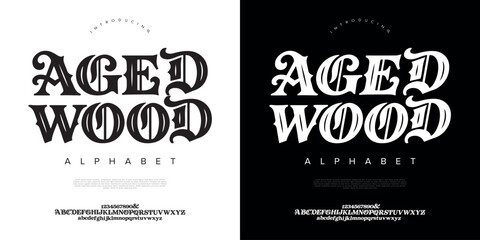 Aged Wood vintage ornamental blackletter font typeface for classic brewery label and heritage woodcut brand identity © happy