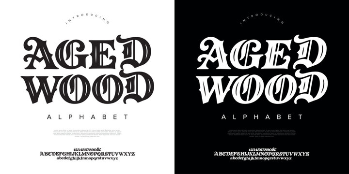Aged Wood vintage ornamental blackletter font typeface for classic brewery label and heritage woodcut brand identity