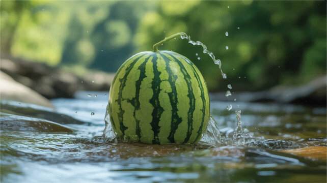 watermelon in water with splashes and greenery in background