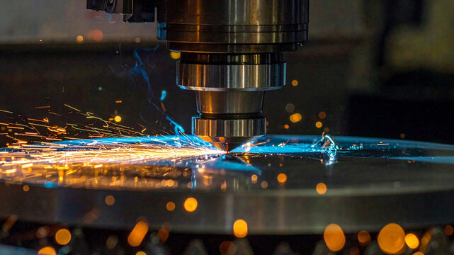 CNC machine laser beam cuts steel plate. Metal fabrication manufacturing process generates sparks. Factory automation technology produces machinery components.