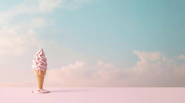 Minimalist pastel scene with a melting pink soft serve ice cream cone. Dreamy summer concept with surreal sky background and ample copy space for design.
