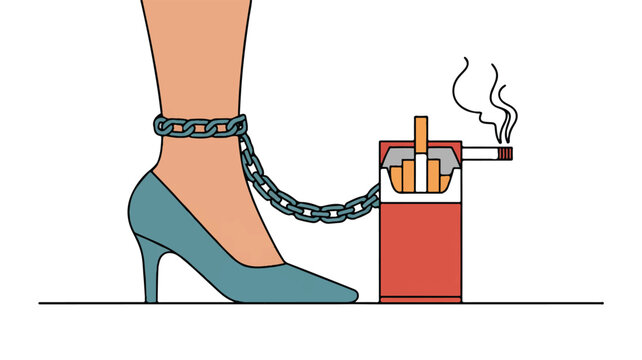 Womans leg chained to a cigarette pack and smoking addiction concept