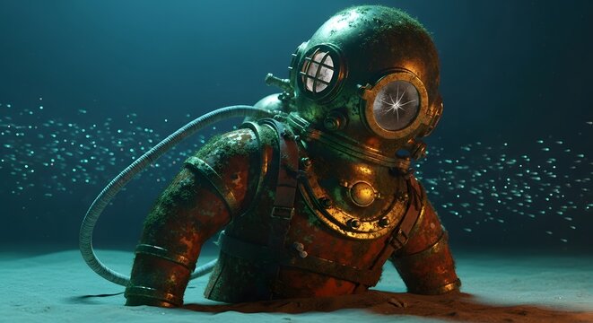 Vintage deep sea diver in antique brass helmet and suit emerges from sandy ocean floor surrounded by schools of tiny fish illuminated by atmospheric underwater lighting