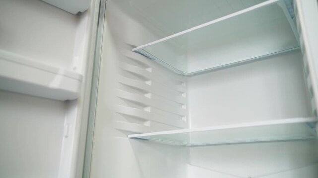 Empty refrigerator interior with glass shelves close-up view