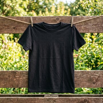 Blank Black TShirt on Rope White Wooden Fence Mockup