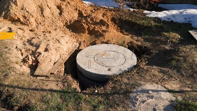 Buried septic tank with concrete manhole cover surrounded by sand and melting snow in early spring