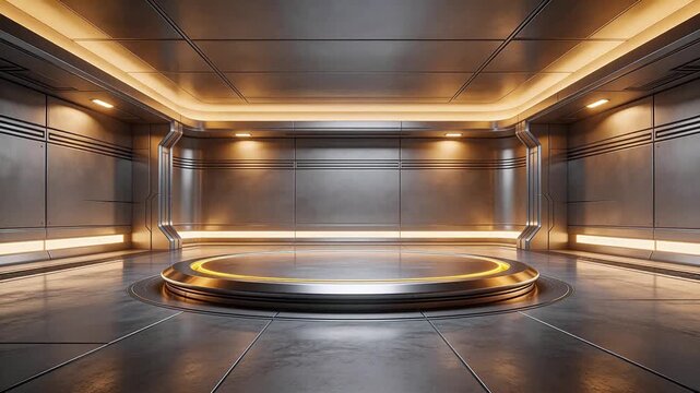 Futuristic metallic room with central platform